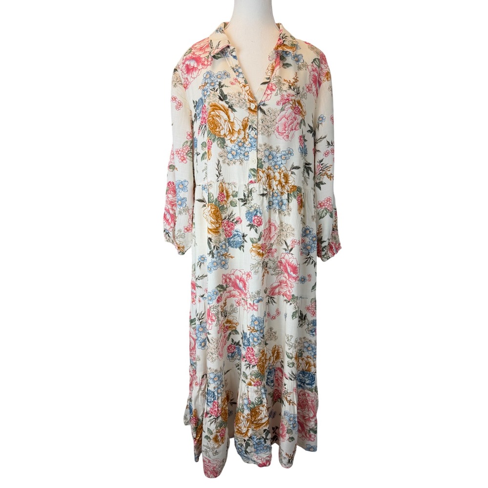 Linda Anderson Large Floral Midi Dress Cream Pink Tiered Boho Garden Boho